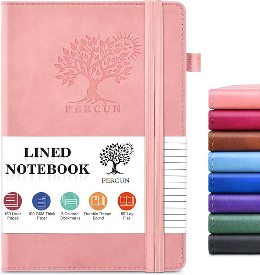 PERCUN A5 Leather Notebook Journal, 160 Lined Pages, 5.9" x 8.5" Pink | Leather Journal for Men Women, Hardcover Notebooks for work, school, business, travel diary, Note taking & Daily Journaling