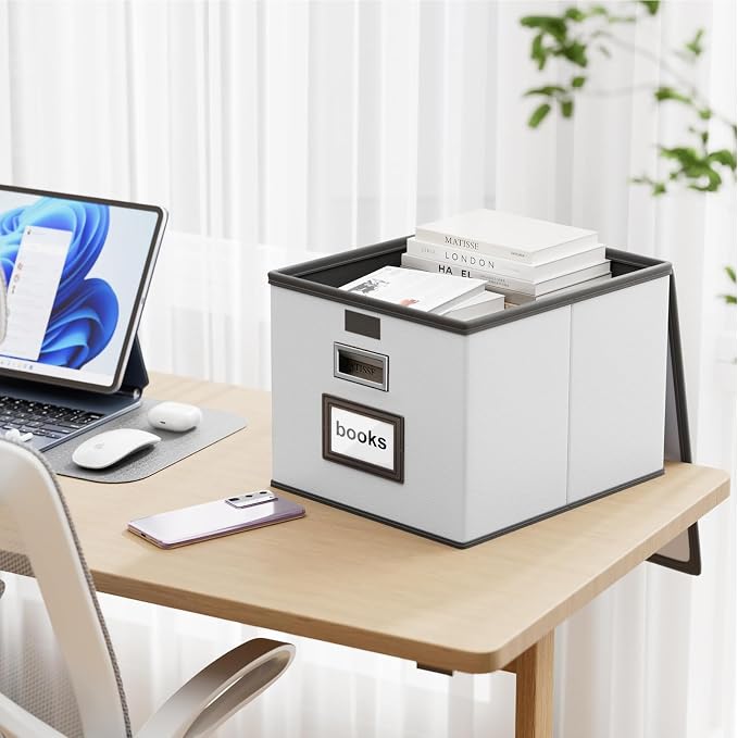 Portable Leather File Organizer Boxes with Lids, Collapsible File Folder Organizer Boxes, Decorative Small Filing File Cabinet for Home/Office, Easily Store Documents/Hanging File Folders