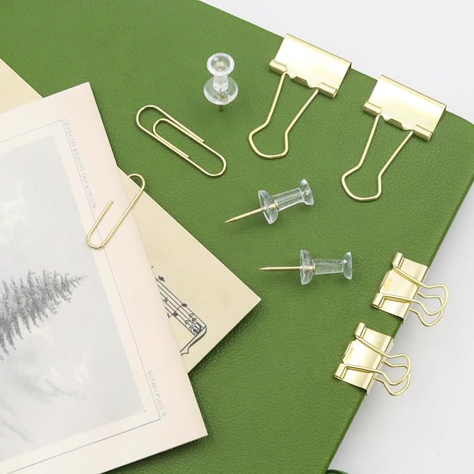 Office Supplies Set, Paper Clips, Push Pins and Binder Clips Set with Box for Office, School and Home(Gold)
