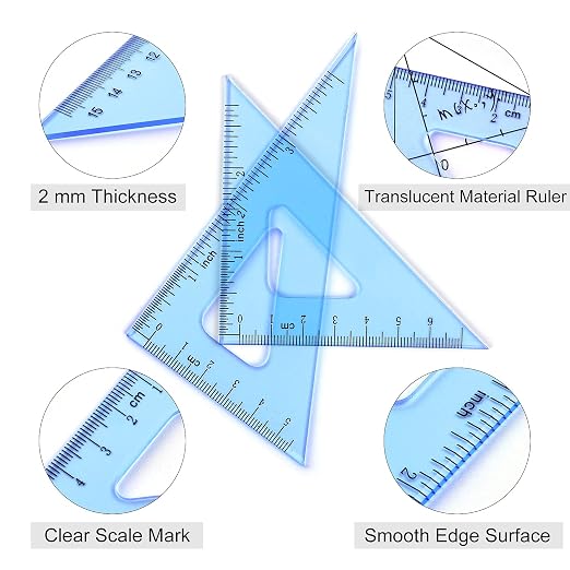 Coopay 6 Inch Math Geometry Tool Plastic Ruler Square Set Includes Straight Ruler, Triangles, Protractor for Student School Office Supplies (Blue)