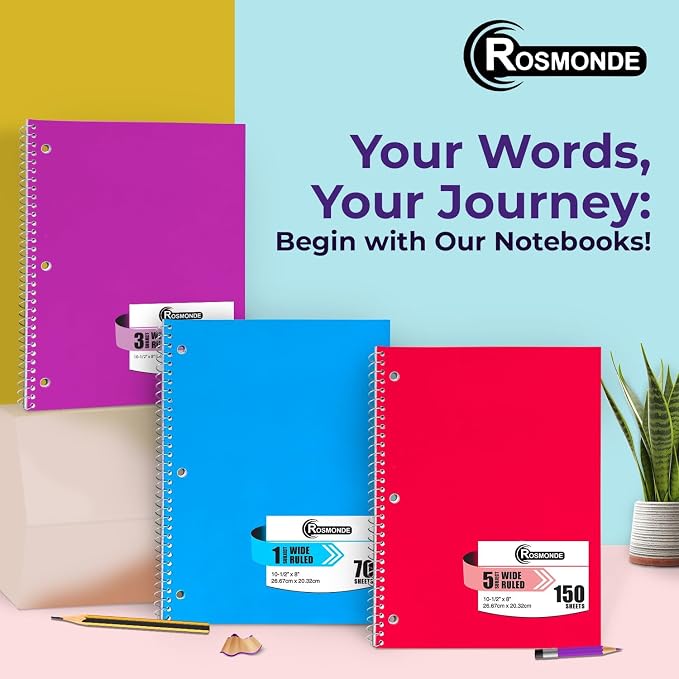 Rosmonde 100 Pack, 1 Subject Spiral Notebook Wide Ruled Bulk, 140 Pages (70 Sheets), Thick No-Bleed Paper, 8 x 10-1/2", 3 Hole Punched, 1 Subject Spiral Notebook Bulk, Bulk Subject Notebook