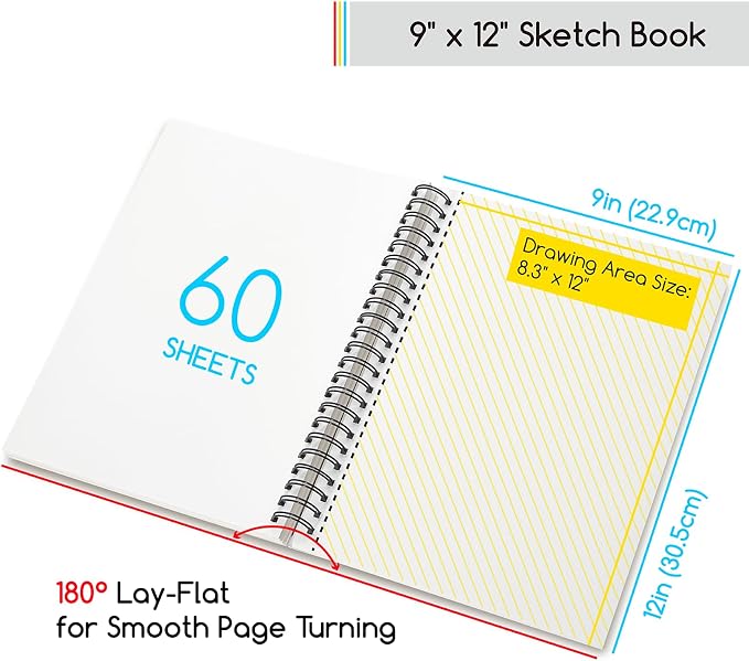 MEEDEN 9"x12" Sketchbook Paper Pad: 122lb/180gsm Spiral Bound Art Sketch Book with DIY Cover for Artists Adults - 60 Sheets Heavy Weight Hardcover Sketch Drawing Paper for Painting Sketching Writing