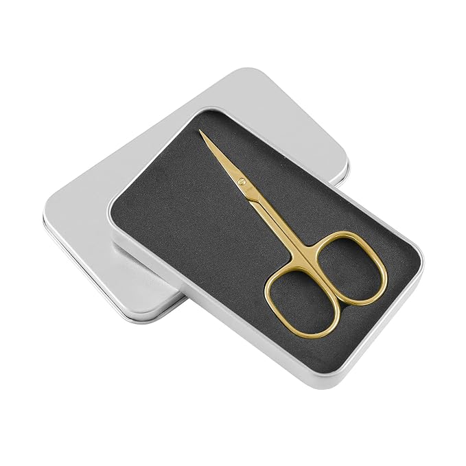 LIVINGO Nail Scissors Sharp Curved Blade Stainless Steel with Case | Fine Cutting Edge, Cuticle Trimming, Manicure Pedicure Care, Premium Gold Finish Design