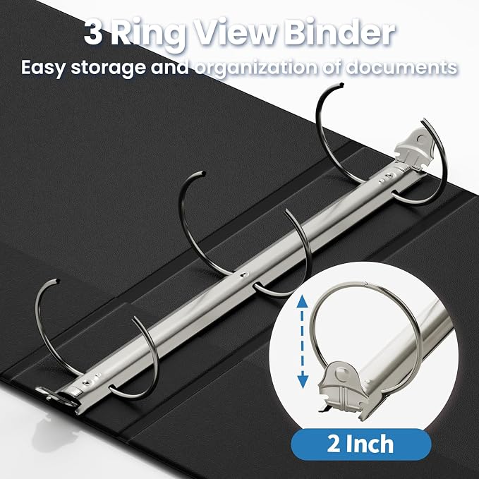 SUNEE 2 Inch Binders 3 Ring 12 Pack Bulk, PVC-Free Clear View 2" Binders (Fits 8.5x11 Inches) for School, Office & Home Use, Black