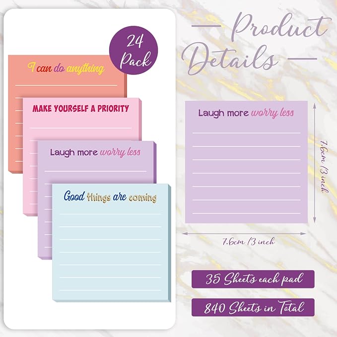 Yinder 24 Pcs Sticky Notes Gifts Bulk,Inspirational,Light Color