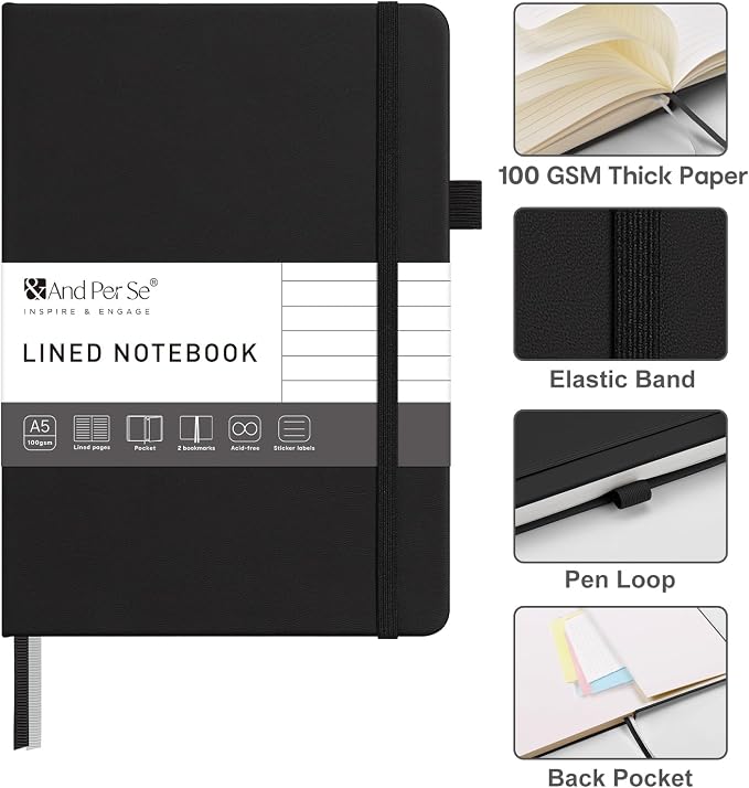 &And Per Se Lined Journal Notebook – A5 Hardcover, 160 Pages 100gsm Thick Paper, College Ruled for Writing - 5.7”x8” (Black)