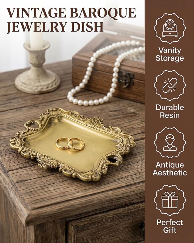 8x7 inch Vintage Gold Jewelry Tray, Middle Decorative Trinket Dish | Rings and Perfume Organizer for Vanity, Elegant Baroque Style Accessory for Wedding Detail Photography