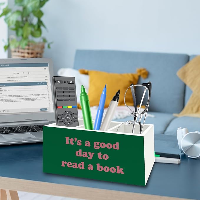 Book Lover Gifts Pen Pencil Holder Organizer for Desk, It's Good Day to Read a Book Bookish Pink and Green Wooden Box Signs Decorations for Reading Room Desk Tabletop, Reader Bookworm Gifts