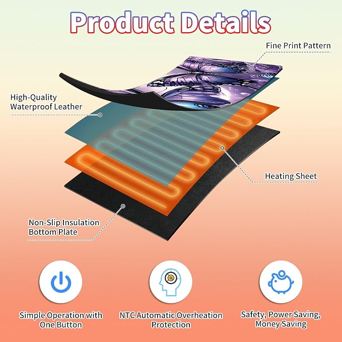 Heated Desk Pad Large Mouse Pad 31.5 x 13 inch with 3 Levels Heating & Auto Shut-Off Warm Mouse pad PU Leather Computer Mousepad for Home Office Work - Purple Rose and Butterflies