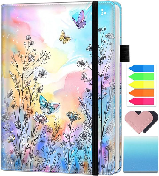 A5 Leather Lined Journal Notebook, 200 Pages Hardcover Executive Notebook for Office School Note Taking, Thick Writing Paper Daily Journal with Bookmarks/Indexes, Butterfly Watercolor Flower