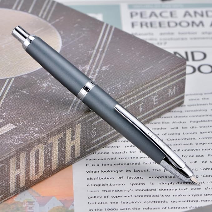Jinhao 10 Press Fountain Pen with Box, Metal Gray Retractable Fine Nib with Ink Converter Set (Silver Clip)