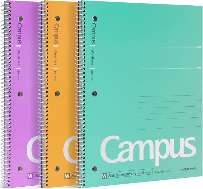 KOKUYO Spiral Notebooks, 3 Pack Wide Ruled 10-1/2" x 8" Lined Notebooks | Campus Subject Notebooks, 80 Sheets, 3 Holes School Japanese Ring Journal for Work Study Note Taking, Purple Orange Turquoise