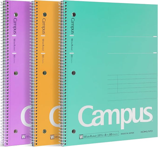 KOKUYO Spiral Notebooks, 3 Pack Wide Ruled 10-1/2" x 8" Lined Notebooks | Campus Subject Notebooks, 80 Sheets, 3 Holes School Japanese Ring Journal for Work Study Note Taking, Purple Orange Turquoise