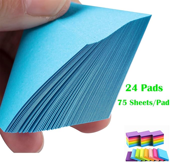 Mini Sticky Notes 1.5x2 Inches, Bright Colors Self-Stick Pads | 24 Pack, 75 Sheets/Pad,1800 Sheets