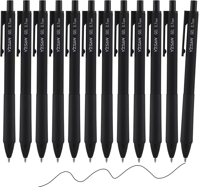 YISAN Black Gel Pens,12 Pack,0.7mm Fine Tip | Retractable,Fast Dry,Smooth Writing,71099
