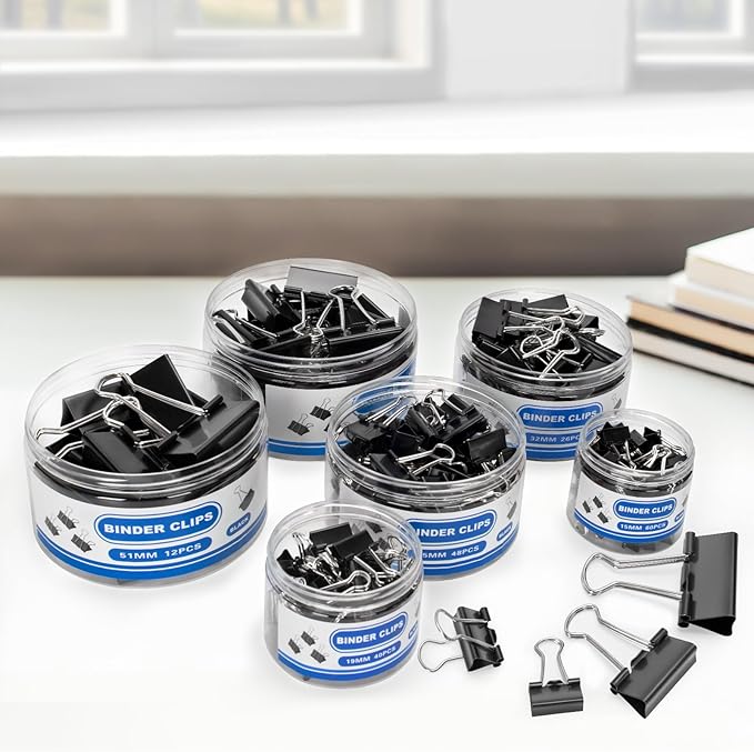 BainGesk 210 PCS Binder Clips Paper Clamps Assorted Sizes, Metal Paper Binder Clips, Black Binding Paperwork Clamp Bulk, 6 Sizes in 6 Boxes, School, Office Supplies