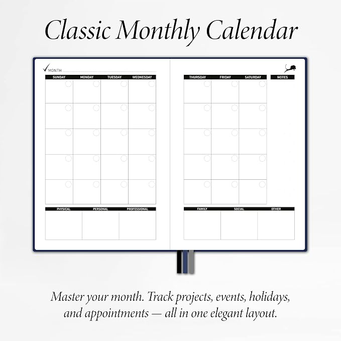 Undated Day Planner & Calendar – 6-Month Life Organizer for Productivity, Time-Management & Focus | 24-Hour Hourly Agenda for Men & Women, Faux Leather Hardcover (Blue)