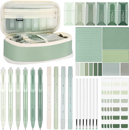 38 Pcs Aesthetic Office Supplies with Pen Case Sticky Notes Gel Pens Highlighters Correction Tapes Stationery Kit for Office Work Coworkers(Green Color,Classic)