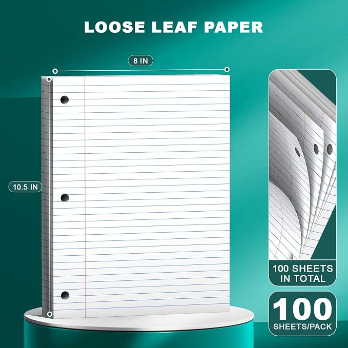 Note Pads 8 X 10.5 Loose Leaf Paper, 100 Sheets, 3 Hole Punched Lined Paper, College Ruled 8 X 10.5 Notebooks, 10-1/2" X 8 Binder Writing Pads, Filler Paper For Engineering, Office, School Supplies