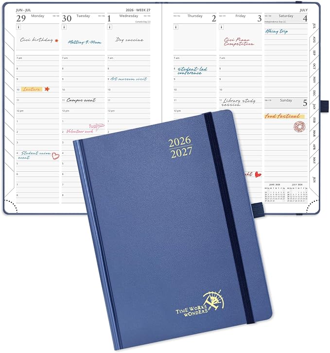 POPRUN 2026-2027 Academic Planner, 6.5" x 8.75", Weekly and Monthly Calendar, July 2026 to June 2027, Hardcover Appointment Book with Vertical Layout, Hourly Time Slots, Monthly Tabs - Navy Blue