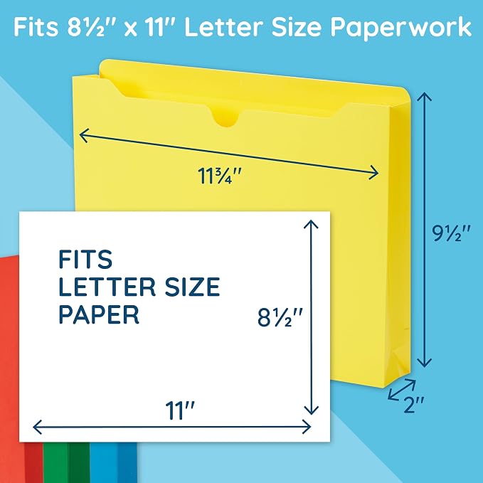 Blue Summit Supplies 2 Inch Expanding File Jacket Folders, 50 Pack, Colored Expandable File Folders, Reinforced Straight Cut Tab, Heavy Duty Expansion Pocket Files, Letter Size, Assorted Color