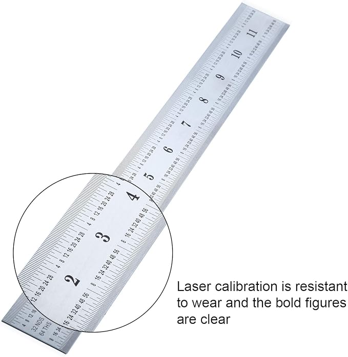 eBoot 2 Pack Stainless Steel Ruler Machinist Engineer Ruler, Metric Ruler with Markings 1/8, 1/16, 1/32, 1/64 Inch for Engineering, School, Office, Architect, and Drawing (12 Inch)