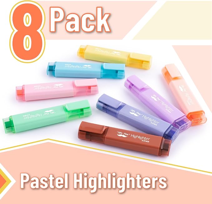 Mr. Pen- Pastel Highlighters, 8 Pack, Highlighters with Firm Chisel Tip | Quick Dry & Non-Toxic, No Bleed on Standard Paper, Ideal for Highlighting, Underlining, Journaling & Coloring