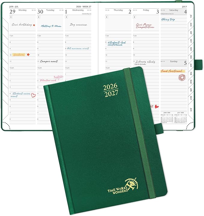 POPRUN 2026-2027 Academic Planner, 6.5" x 8.75", Weekly and Monthly Calendar, July 2026 to June 2027, Hardcover Appointment Book with Vertical Layout, Hourly Time Slots, Monthly Tabs - Dark Green