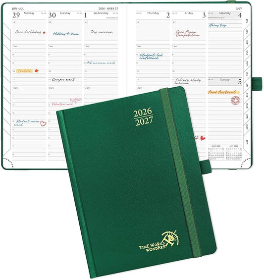 POPRUN 2026-2027 Academic Planner, 6.5" x 8.75", Weekly and Monthly Calendar, July 2026 to June 2027, Hardcover Appointment Book with Vertical Layout, Hourly Time Slots, Monthly Tabs - Dark Green