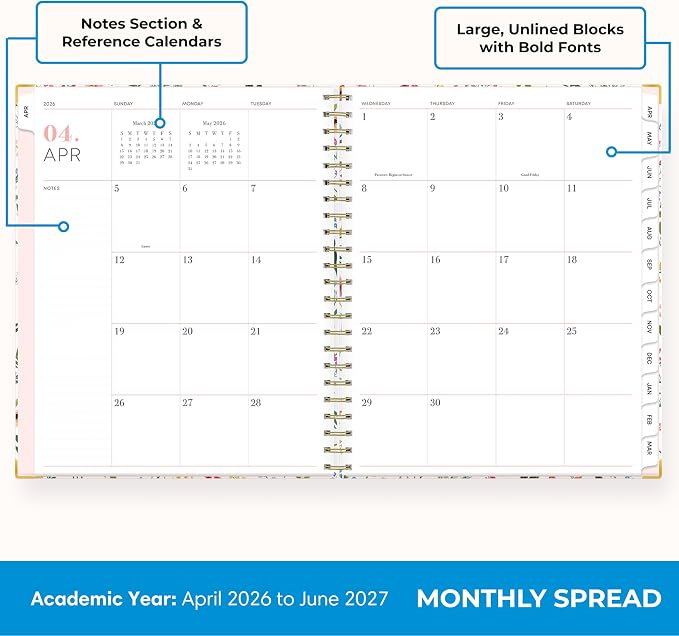 Blue Sky 15 Month 2026-2027 Weekly and Monthly Academic Year Planner Calendar, April 2026 - June 2027, 8.5" x 11", Hard Cover, Wirebound, Laminated Tabs, Storage Pocket, Includes Snap-in Ruler w/Sticky Notes & Sticker Sheet, Londonberry White
