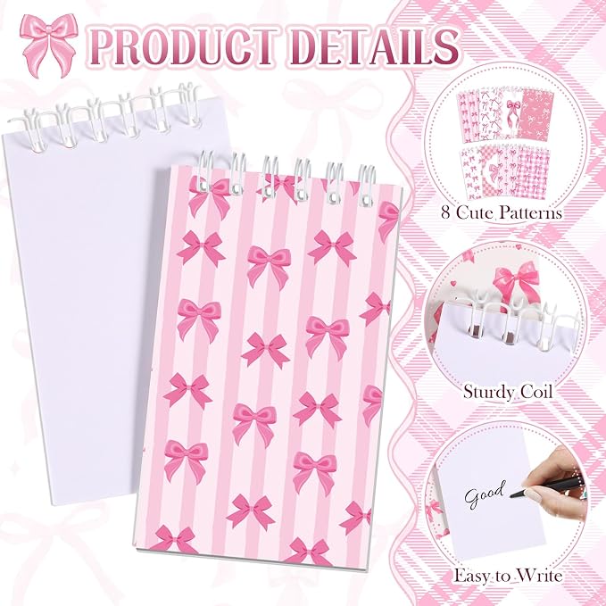 Faccito 24 Pieces Nautical Mini Notebooks Nautical Theme Spiral Small Notepads Anchors Pocket Journals Notebooks for Birthday Party Classroom Rewards Office (Pink Bow Style)