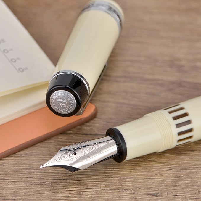Wikult Yongsheng Junlai 930 Piston Fountain Pen, Ivory White Size 9 Iridiun Fine Nib, Fence Ink Tank Flat Top Design with Pope Memorial Engraving Limited Edition (Silver Trim)