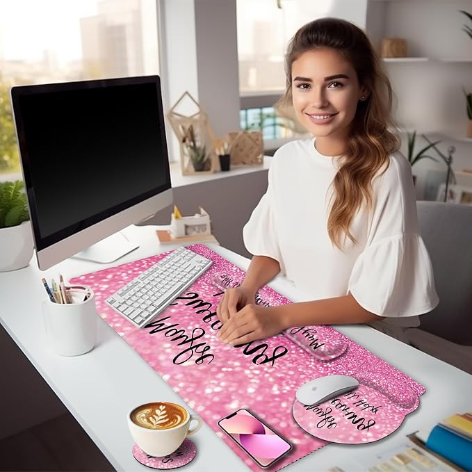 LIMKRIAN Pink Ergonomic Mouse Pad Set, Large Desk Matt for Desktop Decor | Gel Wrist Rest for Computer Keyboard, Memory Foam Wrist Support, Coaster, Desk Pad, Pink office Desk Accessories for Women