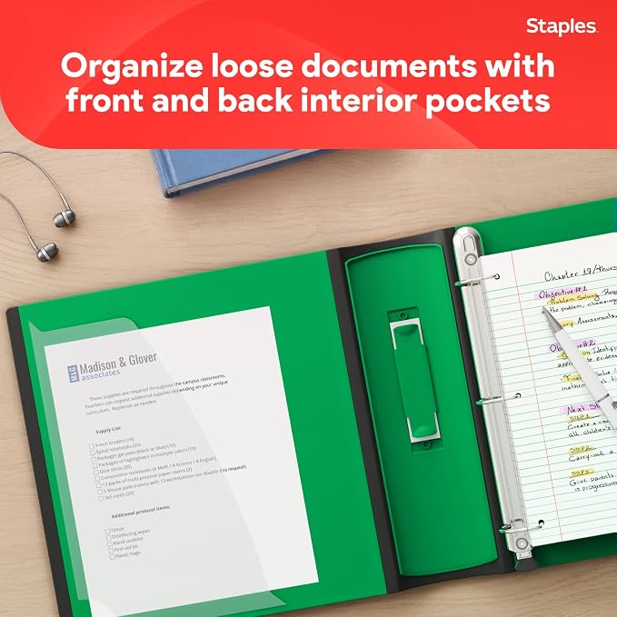 Staples Heavy-Duty 3-Inch D-Ring Binder, Green – Large Capacity 3-Ring Binder with Pockets, Holds Up to 600 Sheets