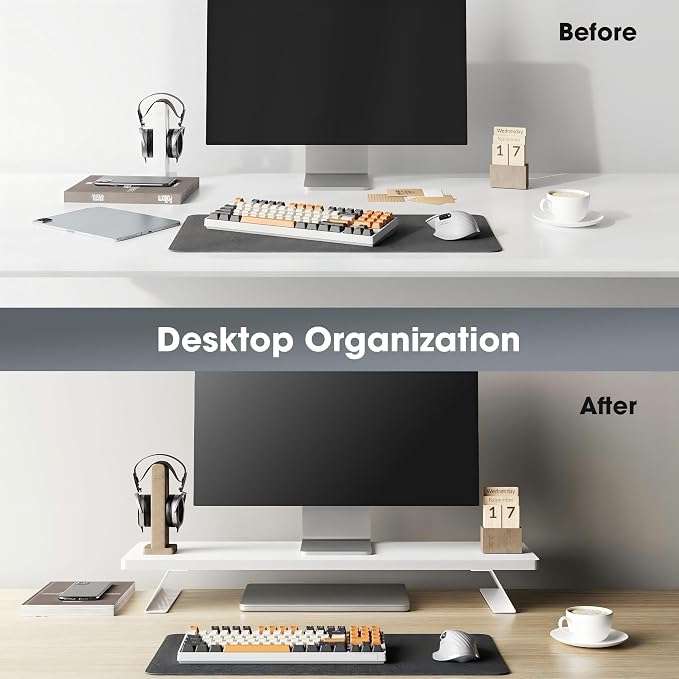 Fenge Monitor Stand Riser, Wooden & Metal Desk Shelf Organizer, White | 31.5 Inch Computer Stand for Compact Work Station, Multifunctional Monitor Shelf for Laptop, PC, Printer