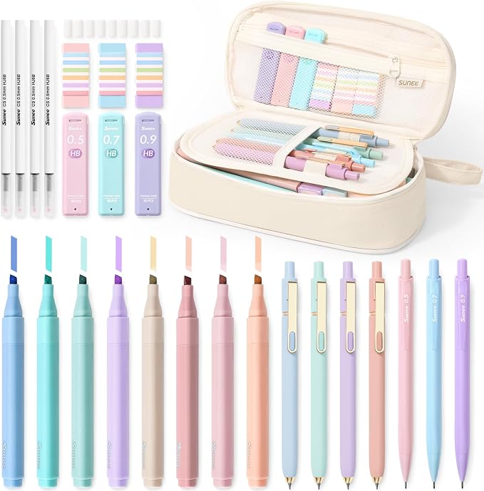 SUNEE 35PCS Aesthetic Stationery Set with Cute Pencil Case, Pastel Highlighters, Black Gel Pens, Mechanical Pencils & Refills, College School Supplies for Students Girls Beige