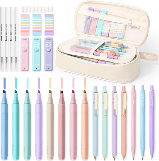 SUNEE 35PCS Aesthetic Stationery Set with Cute Pencil Case, Pastel Highlighters, Black Gel Pens, Mechanical Pencils & Refills, College School Supplies for Students Girls Beige