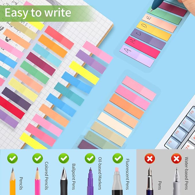 Lysas 1200pcs Page Markers, Morandi Sticky Note Tabs Colored Translucent Writable and Repositionable Book Flags Tabs Strip Index Page Tabs