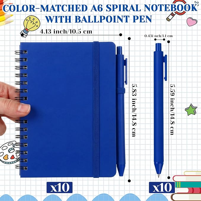 Fulmoon 10 Set Small Spiral Notebooks A6 with Pens Bulk, Multicolor 4" x 6" Pocket Notebooks Mini Lined Journals 50 Sheets for Back to School Supplies Students Rewards Office Gifts (Midnight Blue)