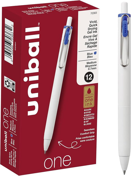 uniball™ one Retractable Gel Pens, Medium Point (0.7mm), Blue Ink, 12 Pack | Ink stays on top of paper fibers for crisp vivid lines, wire pocket clip, color indicator top, smooth barrel & rubber grip