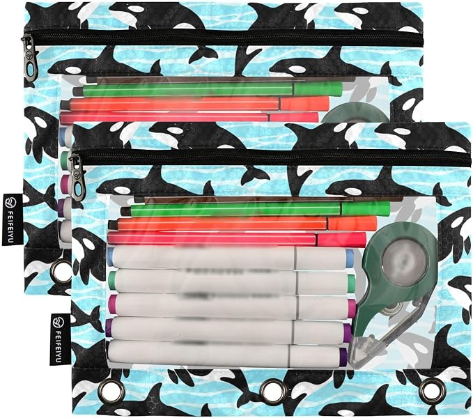 Orca Killer Whale Pencil Pouches for 3 Ring Binder, Zipper Binder Pencil Case, 2 Pack Clear Window Case Bag for Office Organizers