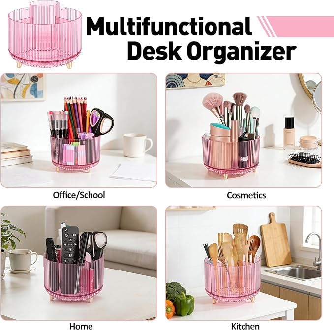 360 Rotating Pen Pencil Holder for Desk, Pen Organizer with 5 Slots, Makeup Brush Holder, Desk Organizer and Accessories, Cute Pencil Cup Caddy for Office School Home Decor Art Supply (Pink)
