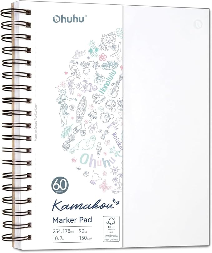 Ohuhu Double-Sided Marker Pad Art Sketchbook Bleedproof - 7"x10" Large Paper Size - 90 LB/150 GSM Smooth Drawing Paper - 60 Sheets/120 Pages - Spiral Bound Sketching Book for Alcohol Markers