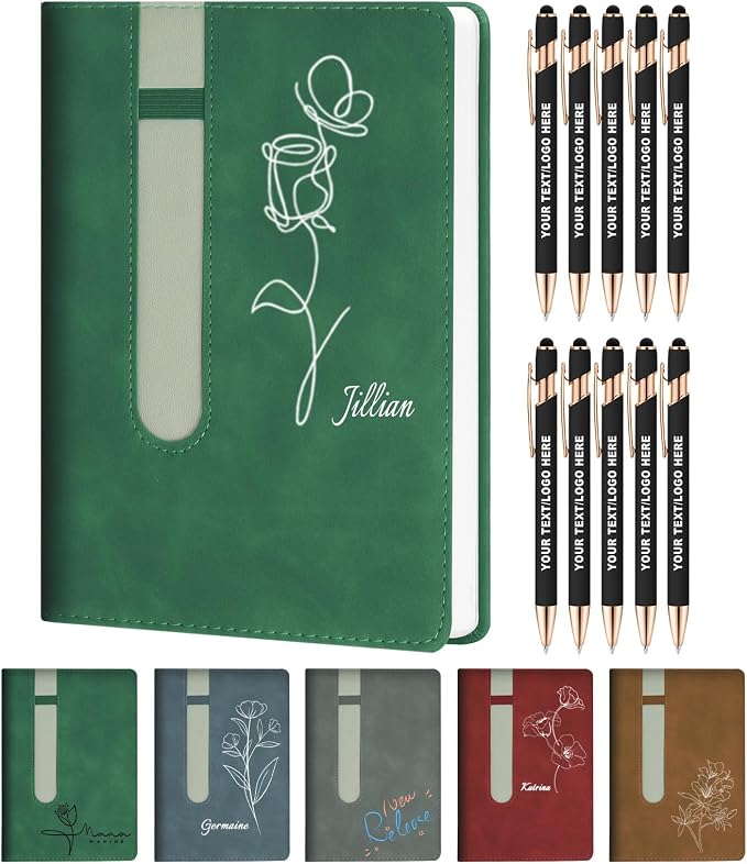 ENOMY A5 Personalized Notebook Set with 10 PC Pens Custom Journal with Pen Holder 200 Pages 80 GSM Custom Notebook for Writing Men Women, Green