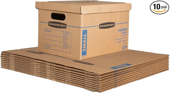 Bankers Box 10-Pack Small Classic Moving Boxes with Reinforced Handles | Pack books, files, and dense items with sturdy small boxes built for easy carrying and organized moves.