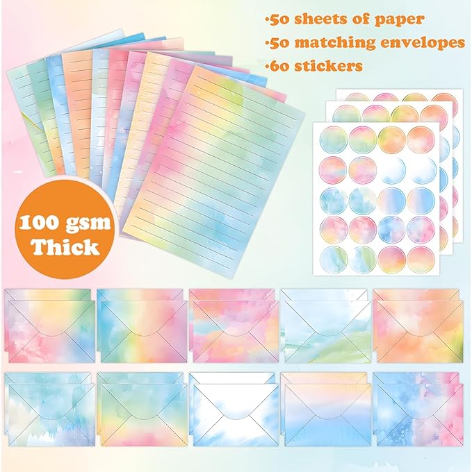 FUNCLASS 160 Pcs Watercolor Stationery Set Letter and Envelopes | 50 Lined Stationery Paper and 50 Matching Envelopes , 5.5 x 8.25 Inches Letter Writing Stationery for Home, Office, School