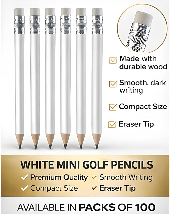 TH Golf 100pcs Golf Pencils, 4 Inch Mini Half Pencils with Eraser Sharpened Wood Mini Round for Schools Wedding Toddlers Home Corporate Multiple Colours (White)