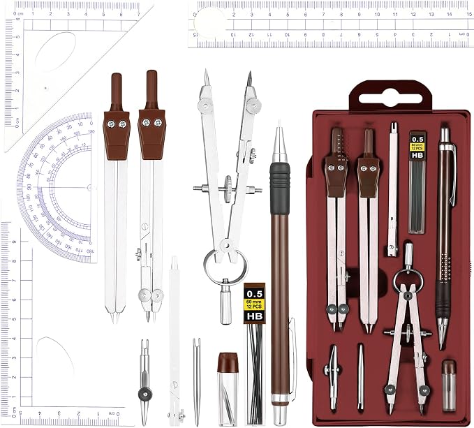 Outus 13 Pcs Geometry Set for Students Metal Compass Math Protractor | Rulers Mechanical Pencil Lead Refills Storage Box Protractors Kit for School Class Student Drafting Drawing