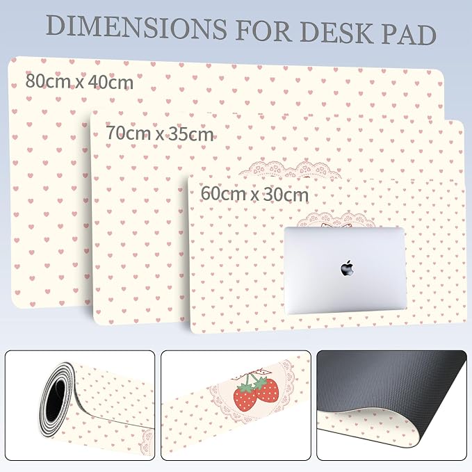 Strawberry Love Heart Leather Desk Mat Extended Gaming Mouse Pad | Non-slip Large Writing Pad Laptop Blotter Computer Keyboard Mat | Cute Desk Protector for Home Office 31.5" x 15.7"