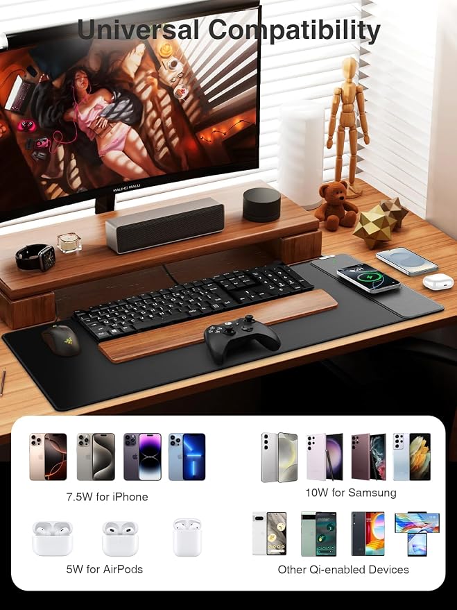 Wireless Charging Mouse Pad, 31.5"x15.8" Large Desk Mat, Smooth Glide | Waterproof Mousepad, Stitched Edge, Non-Slip Rubber Base, Desk Pad Computer Keyboard Mat, No Adapter